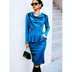 Vintage 70's Women's Blue Peplum Dress Sz 11 Draped Cowl Neck Classic Retro Glam